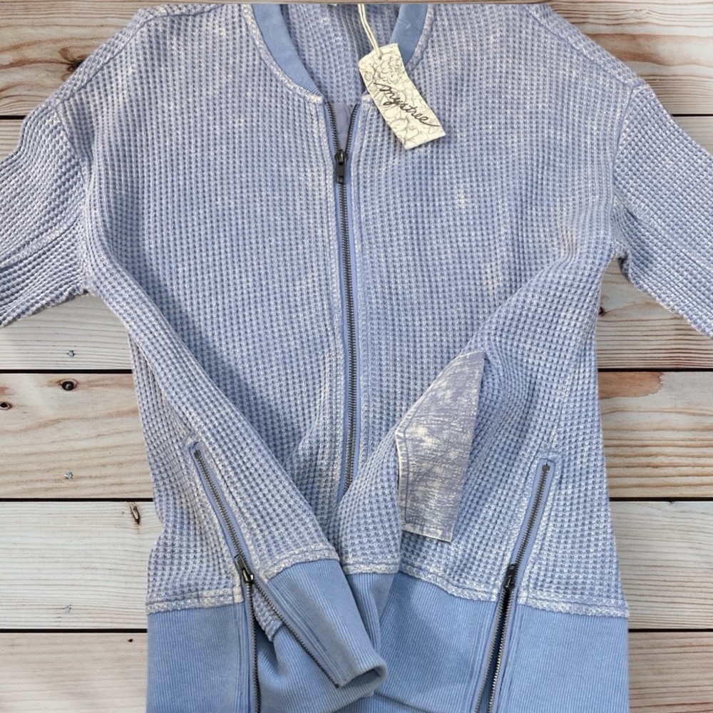 Mystree Light Blue Textured Waffle Knit Zip-Up Hoodie Sweatshirt - Picture 3 of 7